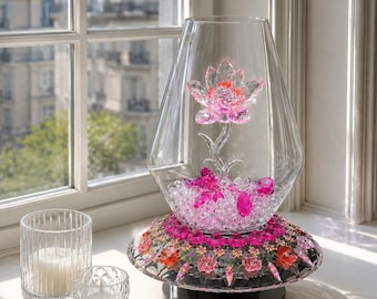 Handcrafted Glass Vase with Pink Crystal Rose and Gemstone Accents – 12 Inch Centerpiece