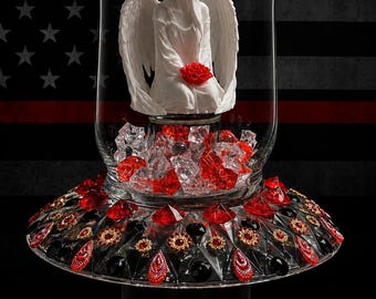 Handcrafted Glass Vase with Angel Figurine and Red Gemstone Accents – First Responder Gift