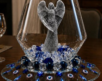 Handcrafted Glass Vase Centerpiece with silver angel and gemstone accents.12 inch tall
