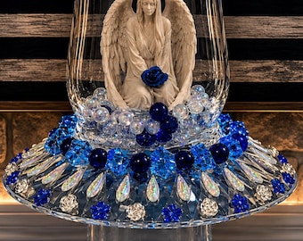 Elegant Handcrafted Glass Vase Centerpiece with  angel figurine and gemstone accents.12 inch high.