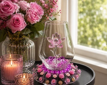 Handcrafted Glass Vase with Pink Crystal Rose and Gemstone Accents – 12 Inch Centerpiece