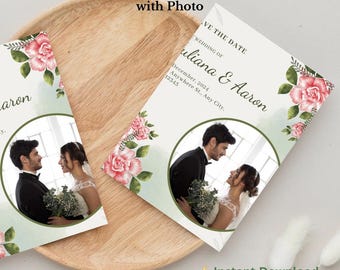 Plantilla de invitación de boda con foto | Invitación de boda editable | Descarga instantánea | Tarjeta de "Reserva la fecha" floral | Descarga digital