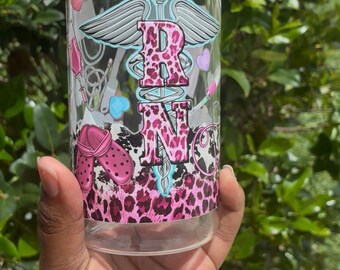 Pink Leopard RN 16 Oz Glass Can Cup, Registered Nurse Glass Cup, Cute Nurse Gift