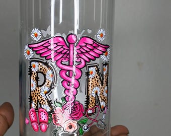 RN Treat Yourself Glass Cup, Registered Nurse 16oz Glass Can Cup with Bamboo Lid and Straw, Nurse Gift
