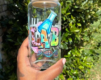 Lab Tech Glass Cup, 16oz Glass Can Cup with Bamboo Lid and Straw, Laboratory Gift, Cute Science Coffee Cup