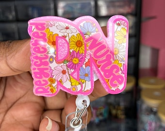 RN Pink Floral Badge Reel, Cute RN Badge Holder, Floral Nurse Retractable ID Reel, Healthcare Worker Badge Clip, Nurse Gift