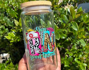 RN Gifted Hands Glass Cup, Registered Nurse 16oz Glass Can Cup with Bamboo Lid and Straw, Nurse Gift