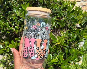 Floral Nurse Glass Cup with Bamboo Lid, 16oz Healthcare Drinkware