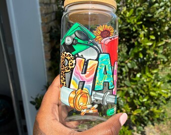 Pharmacy Tech Glass Cup, 16oz Glass Can Cup with Bamboo Lid and Straw, Pharmacy Tech Gift, Cute Coffee Cup