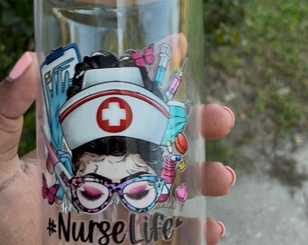 Nurse Life Glass Cup, 16oz Glass Can Cup with Bamboo Lid and Straw, Nurse Gift, Peace Love Nurse Coffee Cup