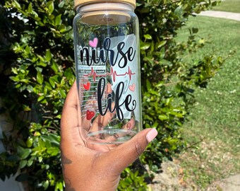 Nurse Life Glass Cup, 16oz Glass Can Cup with Bamboo Lid and Straw, Nurse Gift, Cute Iced Coffee Cup