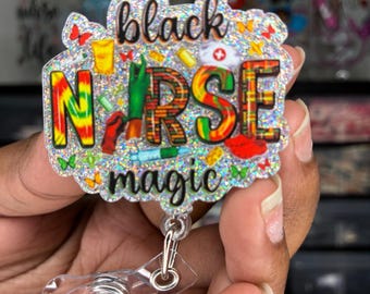 Black Nurse Magic Badge Reel, Nurse Badge Holder, Cute Black Nurse ID Reel, Healthcare Worker Accessory