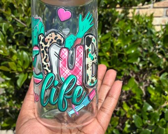 Scrub Life Glass Cup, 16oz Nurse Glass Can Cup with Bamboo Lid and Straw, Healthcare Worker Gift