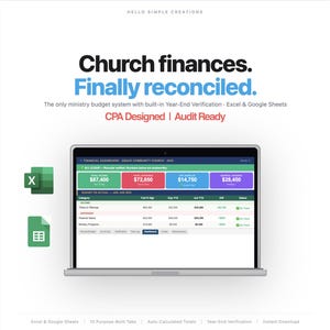 May include: A laptop screen shows a financial dashboard with the text "Church finances. Finally reconciled." The screen displays budget data with green, red, and purple sections. Two icons of Excel and a document are on the left.