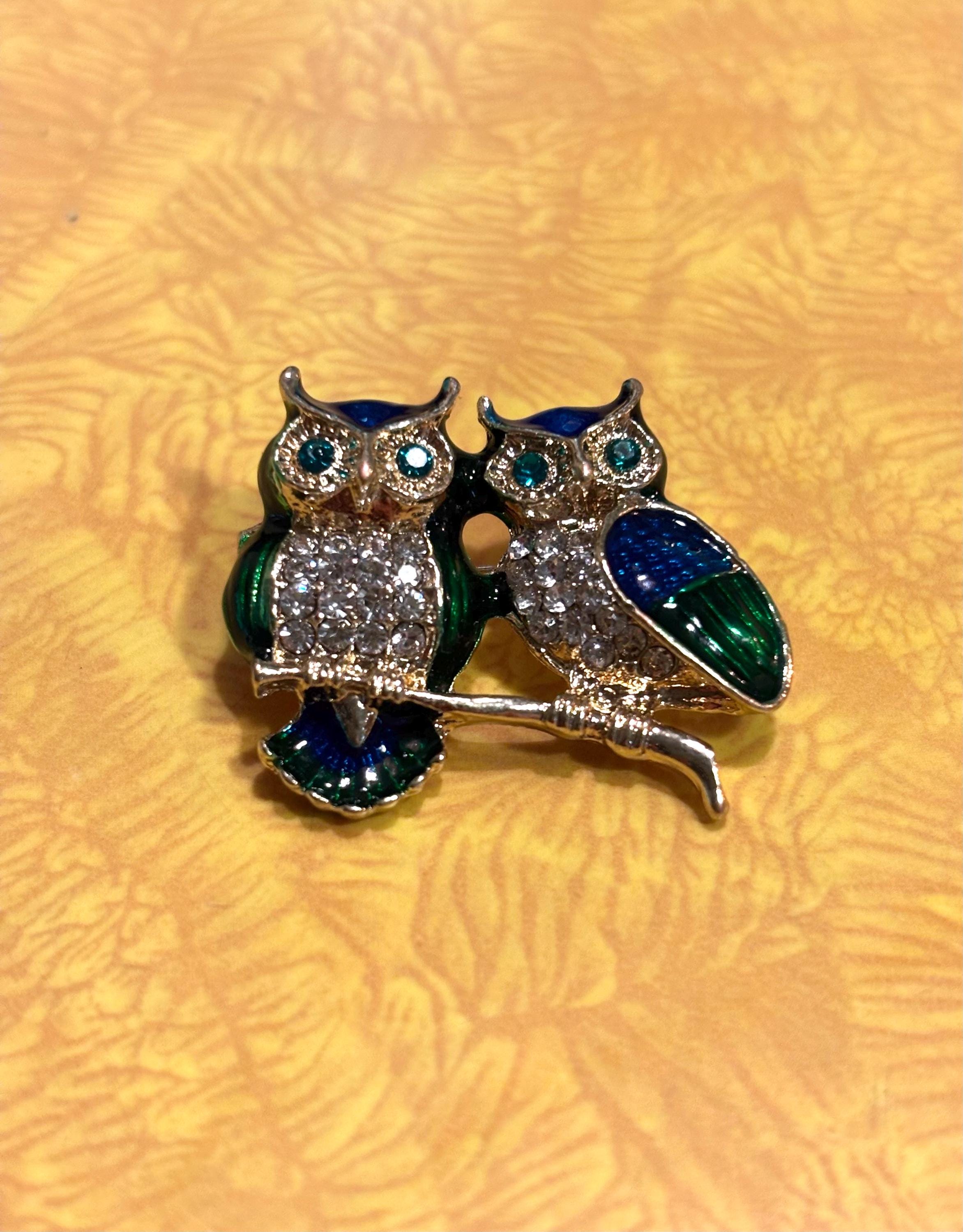 Pair of Owls Brooch in gold tone blue and green enamel fall theme Rhinestones