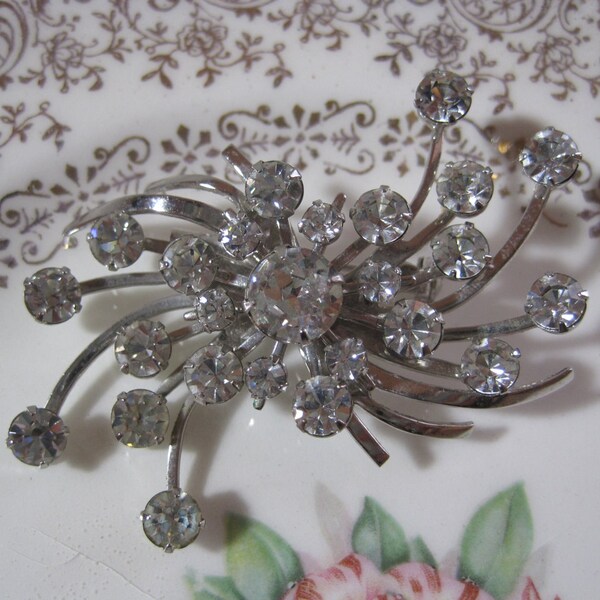 Rhinestone Brooch Starburst Fireworks Clear Glass Stones Comet Silver Tone Pin Mid Century 1960s Costume Jewelry