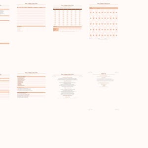Könnte beinhalten: Eine Sammlung druckbarer Planerseiten in einem sanften Pfirsich- und Weißton. Die Seiten enthalten einen Kalender, Checklisten und andere Organisationstools. Der Text "Step Training Tracker & Kit" ist auf den Seiten sichtbar.