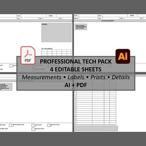 Puede incluir: Un conjunto de cuatro hojas de ficha técnica profesional editables en formatos PDF y AI. El diseño incluye secciones para medidas, etiquetas, impresiones y detalles con tablas y casillas de verificación. Texto: PROFESSIONAL TECH PACK 4 EDIBLE SHEETS Measurements Labels Prints Details AI + PDF.