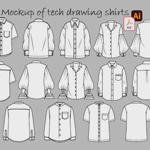 Peut inclure: Une collection de croquis techniques de mode en noir et blanc présentant divers modèles de chemises, incluant des options à manches courtes et longues avec des devants boutonnés, des cols et des poignets. Le texte Mockup of tech drawing shirts est visible.