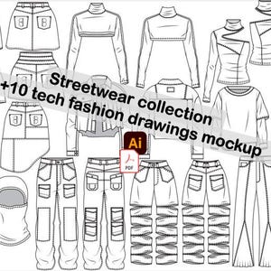 May include: A collection of black and white fashion technical drawings featuring skirts, tops, trousers, and a balaclava. The image includes the text +10 streetwear collection tech fashion drawings mockup, along with Ai and PDF file format icons.