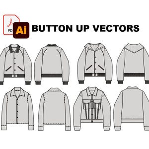 Puede incluir: Una colección digital de bocetos técnicos de moda titulada BUTTON UP VECTORS, que presenta cuatro estilos distintos de chaquetas gris claro vistas desde el frente y la espalda, incluyendo diseños con cuello, capucha y botones con bolsillos.