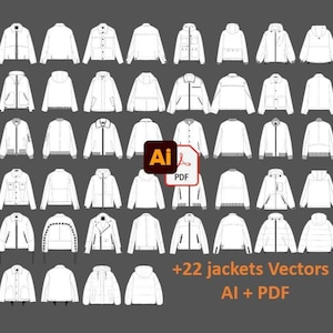 Peut inclure: Une collection d'illustrations de vestes en trait blanc disposées en grille, présentant divers styles incluant des modèles à capuche, zippés et boutonnés. L'image inclut une icône Ai et PDF, avec le texte +22 jackets Vectors AI + PDF.