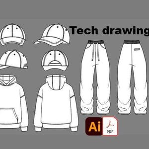 Peut inclure: Un dessin technique en noir et blanc intitulé Tech drawing présentant une casquette sous quatre angles, un sweat à capuche vu de face et de dos, et un pantalon de jogging vu de face et de dos, avec des icônes de fichiers Adobe Illustrator et PDF.