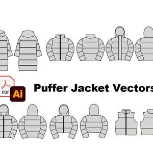 May include: A collection of grey puffer jacket and vest vector illustrations, including front and back views of various styles with hoods and collars, accompanied by the text Puffer Jacket Vectors and PDF and Ai file format icons.