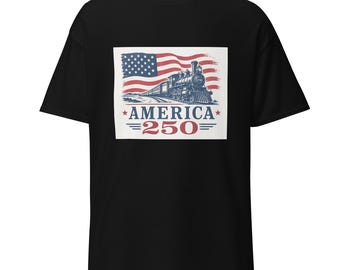 Camiseta con la bandera estadounidense y una locomotora del 250 aniversario de Estados Unidos