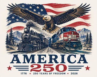 Camiseta America 250 con águila calva y locomotoras