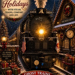 Peut inclure: Une locomotive à vapeur noire Union Pacific 4014 Big Boy à la gare enneigée de Pine Ridge Depot. L'image présente un phare brillant, un drapeau américain, des décorations de Noël, des cadeaux et le texte : Ringing in the Holidays with steam.