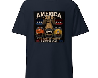 Camiseta conmemorativa del 250 aniversario de Estados Unidos: Campana de la Libertad y locomotora.