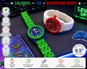 Reloj infantil de cuarzo impreso en 3D de 35 mm con correa ajustable de PETG de 6,5" / Reloj personalizado colorido