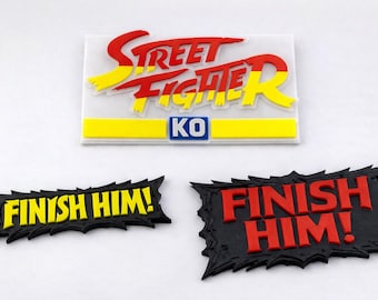 Street Fighter KO Sign & Finish Him Signs | 3D Printed PETG Retro Gaming Decor | Arcade Gamer Room Wall Art Gift