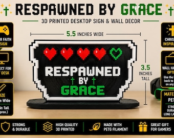 Decoración de escritorio para gamers cristianos: Letrero retro de videojuegos "Respawned By Grace" / Regalo de fe impreso en 3D en PETG / Decoración de escritorio y pared