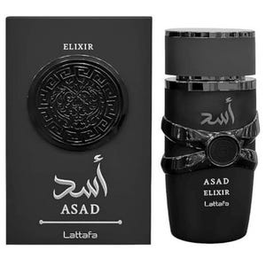 May include: A black perfume bottle and box set. The box features the word "ELIXIR" and the name "ASAD" in white script. The bottle has a decorative design and the words "ASAD ELIXIR Lattafa".