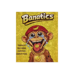 Puede incluir: Ilustración de dibujos animados de un mono con gorro rojo y cadena dorada, llorando y sacando la lengua. La imagen contiene el texto "Banatics" y "There's nothing curious about this."