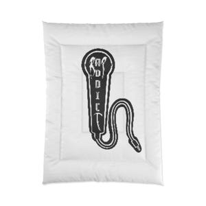 May include: White comforter featuring a black microphone graphic with the word "ADDICT" vertically printed on it. The microphone has a cord and plug. The comforter has a quilted design.