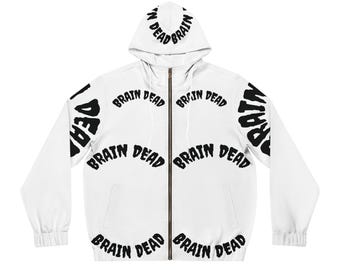 Sudadera con capucha para hombre con logo personalizado de BRAIN DEAD / Cremallera completa, color blanco, estampado integral.