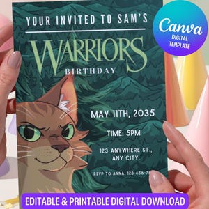 May include: A rectangular birthday invitation card featuring a brown cat illustration against a dark green forest background. Text reads: YOUR INVITED TO SAM'S WARRIORS BIRTHDAY, MAY 11TH, 2035, TIME: 5PM, 123 ANYWHERE ST., ANY CITY. RSVP TO ANNA: 123-456-7890.