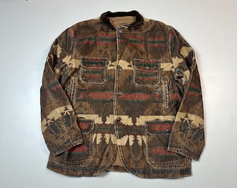 Vintage 90er/00er Western-Cowboy-Blazer von Ralph Lauren mit Doppel-R-Knopfleiste und avantgardistischem Aztekenmuster im Realtree-Camouflage-Stil.