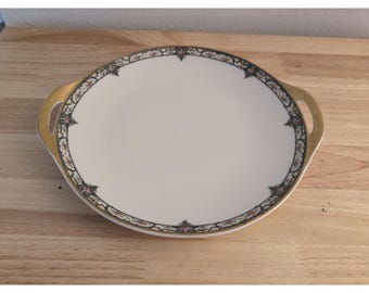 Plato para tartas vintage de HAVILAND Limoges con estampado floral en oro, azul y rosa