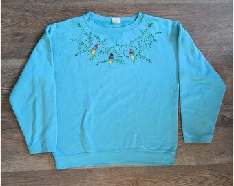 Vintage Hanes handgeschilderd sweatshirt met papegaaibloemen, grote cottagecore-raglan