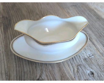 LIMOGES, FRANCE gold encrusted M. REDON 10" Gravy Boat Attached Under Plate