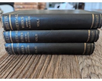 Opere poetiche di Milton, edizione antica del 1882, volumi 1-3, 3 volumi, a cura di Masson, rilegatura in pelle.
