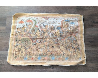Vintage Kamasan Bali Indonesia Textil Pintura a mano Mitología 34" X 24" Notas