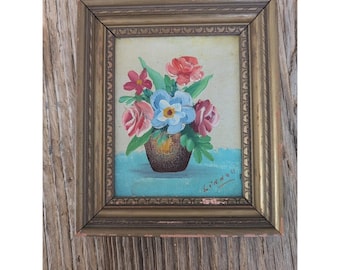 Cuadro al óleo vintage de Frank Linnell, firmado por el artista, con motivos florales, 10 x 13 cm, estilo moderno de mediados de siglo, enmarcado.
