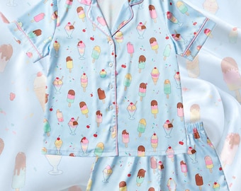 Women's Ice Cream Pajama Set, Short Sleeve Sleepwear, Summer Dessert Print