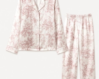 Women's Toile De Jouy Pajama Set, Blue Pink Floral Long Sleeve Sleepwear