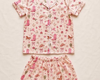Coquette Cowgirl Pajama Set, Western Boots Pink Sleepwear, Bachelorette Loungewear